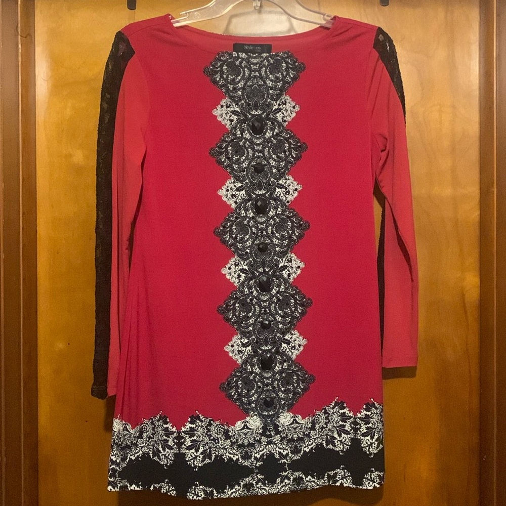 *FREE per Item Purchase* Style & Co Size S Red Tunic with Rhinestones and Lace